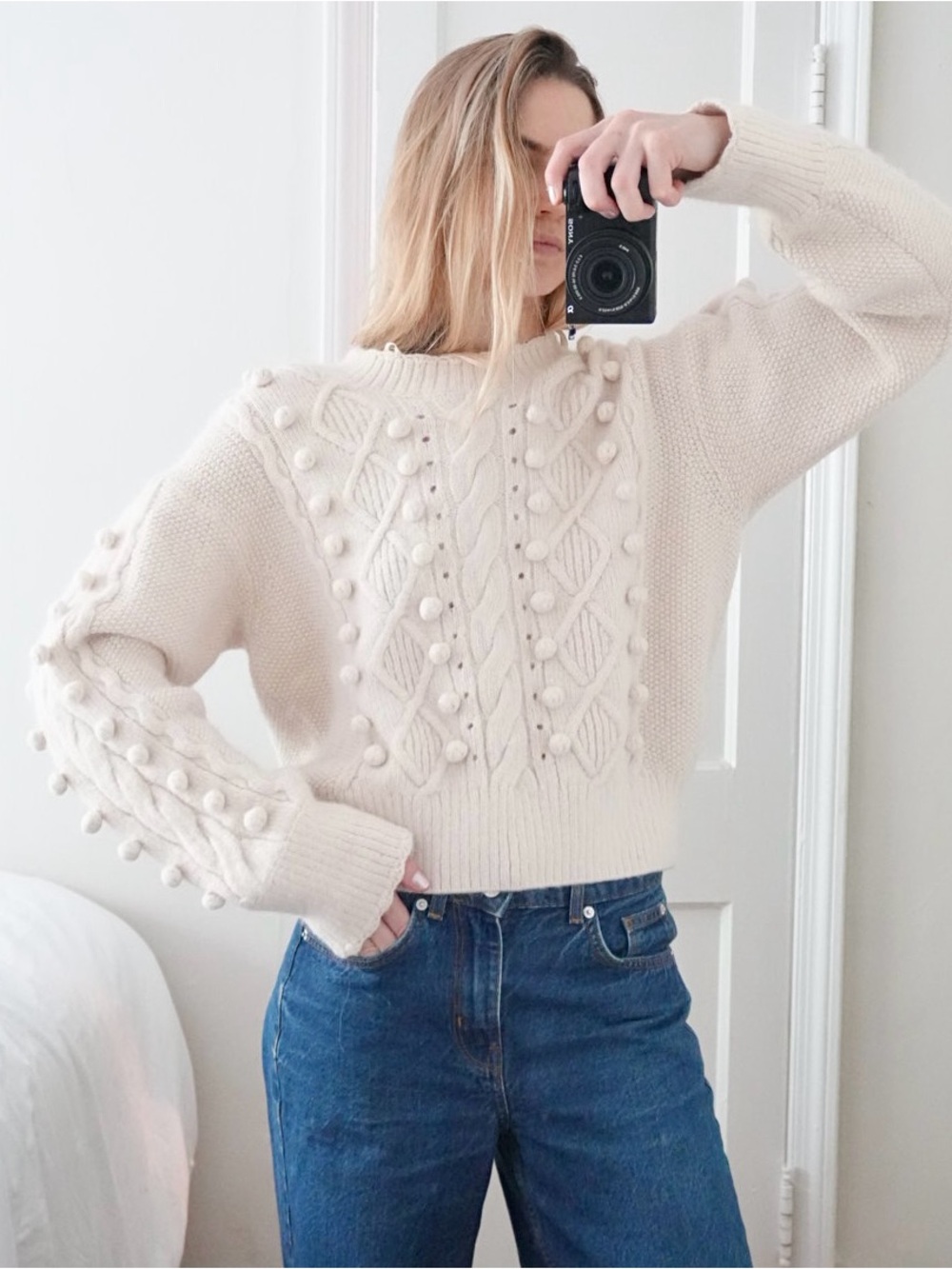 & Other Stories Cream Cable-Knit Pom-Pom Crew Sweater Size Medium - Picture 1 of 10